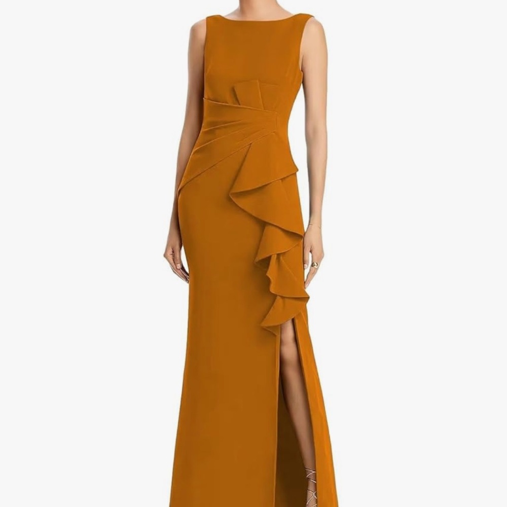 Formal Orange Sleeveless Gown with Ruffle Detail. New with tags!